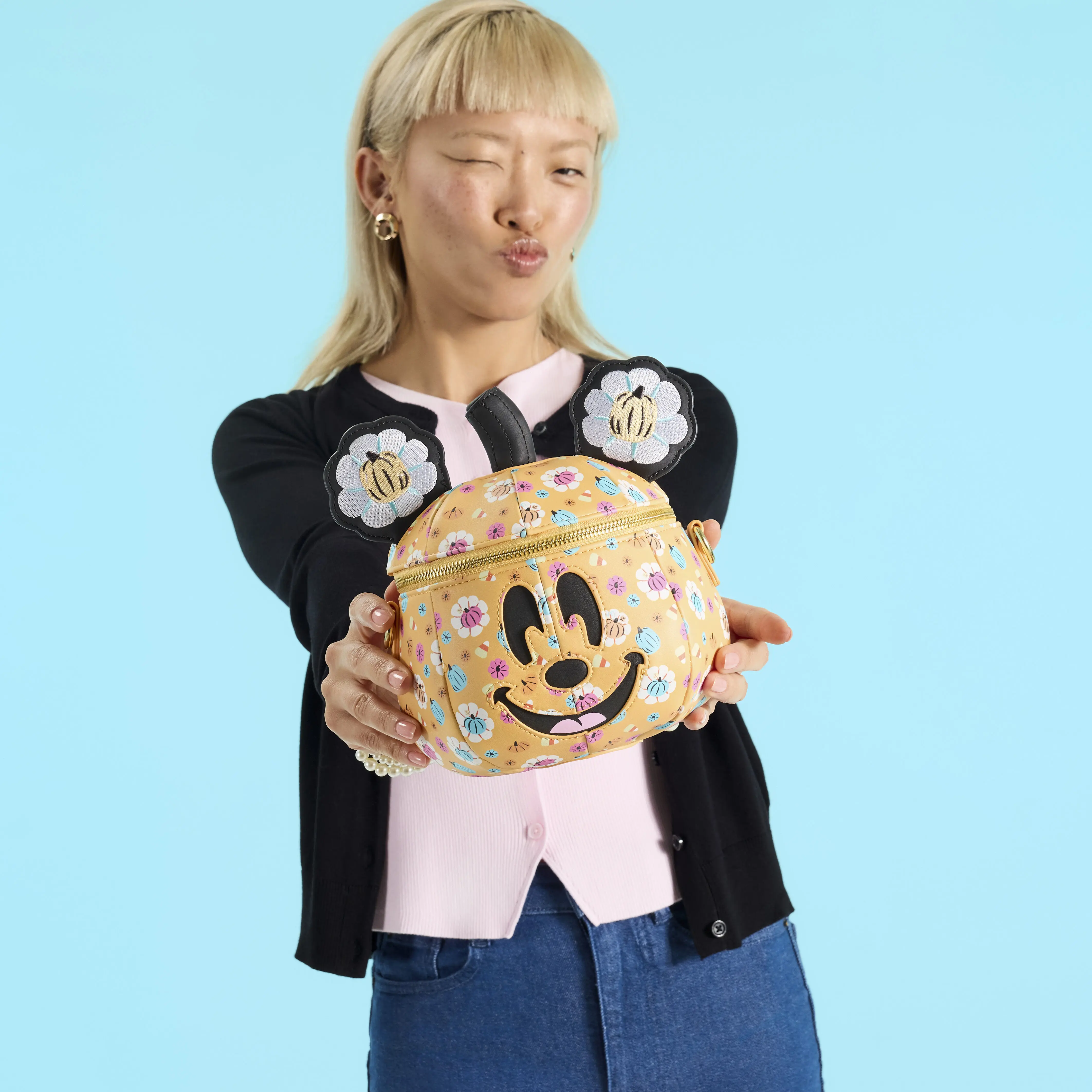 Mickey Mouse Floral Pumpkin Head Glow Figural Crossbody Bag - Image 3